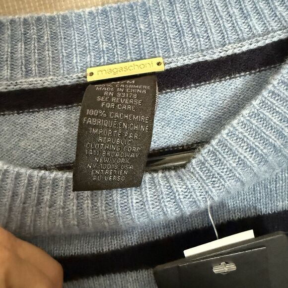 Magaschoni 100% Cashmere Sweater Medium Blue Striped Womens Crew Neck Preppy New - Picture 4 of 9